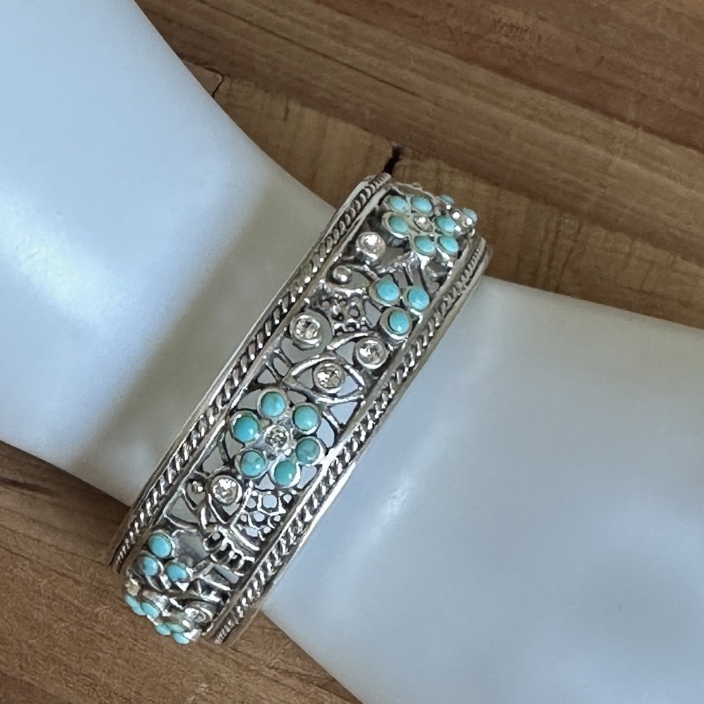Barse‎ Open Cuff Bracelet 6.5 Inch Turquoise Clear CZ Floral 925 Sterling 53.8g